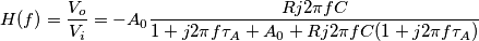 H(f)=\frac{V_o}{V_i}=-A_0 \frac{Rj2 \pi fC}{1+j2 \pi f {\tau}_A+A_0+Rj2 \pi fC(1+j2 \pi f {\tau}_A)}