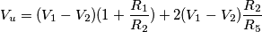 V_u = (V_1 - V_2)(1 + \frac{R_1}{R_2}) + 2(V_1 - V_2)\frac{R_2}{R_5}
