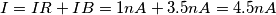 I = IR + IB = 1 nA + 3.5 nA = 4.5 nA I = IR + IB = 1 nA + 3.5 nA = 4.5 nA