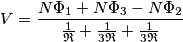 V=\frac{N\Phi _1 + N \Phi _3 - N \Phi _2}{\frac{1}{\mathfrak{R}}+\frac{1}{3\mathfrak{R}}+\frac{1}{3\mathfrak{R}}}