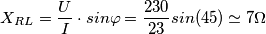 X_{RL}=\frac{U}{I}\cdot sin\varphi =\frac{230}{23}sin(45)\simeq 7\Omega X_{RL}=\frac{U}{I}\cdot sin\varphi =\frac{230}{23}sin(45)\simeq 7\Omega