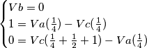 \begin{cases} Vb=0 \\ 1=Va({1 \over 4})-Vc({1 \over 4}) \\ 0=Vc({1 \over 4}+{1 \over 2}+1)-Va({1 \over 4})
\end{cases} \begin{cases} Vb=0 \\ 1=Va({1 \over 4})-Vc({1 \over 4}) \\ 0=Vc({1 \over 4}+{1 \over 2}+1)-Va({1 \over 4})
\end{cases}