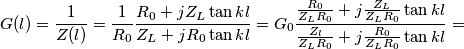 G(l)=\frac{1}{Z(l)}=\frac{1}{R_0}\frac{R_0 +j Z_L \tan kl}{Z_L +j R_0 \tan kl}=
G_0 \frac{ \frac{R_0}{Z_LR_0} +j \frac{Z_L}{Z_LR_0} \tan kl}{\frac{Z_l}{Z_LR_0} +j \frac{R_0}{Z_LR_0} \tan kl}=