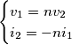 \begin{cases}
v_1 = nv_2 \\
i_2 = -ni_1
\end{cases} \begin{cases}
v_1 = nv_2 \\
i_2 = -ni_1
\end{cases}