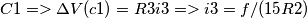 C1=>\Delta V(c1)=R3i3=>i3=f/(15R2)