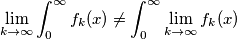 \lim_{k\rightarrow \infty}\int_{0}^{\infty}f_k(x)\neq \int_{0}^{\infty}\lim_{k\rightarrow \infty}f_k(x)