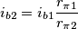 i_{b2}=i_{b1}\frac{r_{\pi1}}{r_{\pi2}} i_{b2}=i_{b1}\frac{r_{\pi1}}{r_{\pi2}}