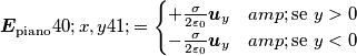 \boldsymbol{E}_{\text{piano}}(x,y)=\begin{cases} +\frac{\sigma}{2\varepsilon_0} \boldsymbol{u}_y & \text{se } y>0 \\ 
-\frac{\sigma}{2\varepsilon_0}\boldsymbol{u}_y & \text{se } y<0\end{cases}