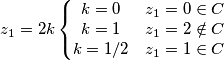 z_1=2k \left\{\begin{matrix}
k=0 & z_1=0\in C \\
k=1 & z_1=2\notin C \\
k=1/2&z_1=1\in C
\end{matrix}\right. z_1=2k \left\{\begin{matrix}
k=0 & z_1=0\in C \\
k=1 & z_1=2\notin C \\
k=1/2&z_1=1\in C
\end{matrix}\right.