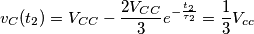 v_C(t_2)=V_{CC}-\frac{2V_{CC}}{3}e^{-\frac{t_2}{\tau_2}}=\frac{1}{3}V_{cc}