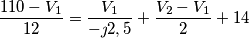\frac{110-V_1}{12}= \frac{V_1}{-\jmath 2,5}+\frac{V_2-V_1}{2}+14
