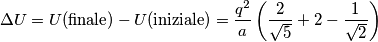 \Delta U= U(\text{finale})-U(\text{iniziale})=\frac{q^2}{a}\left(\frac{2}{\sqrt{5}}+2-\frac{1}{\sqrt{2}}\right)