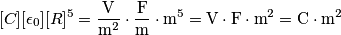 [C][\epsilon_\textrm{0}][R]^5 = \frac{\textrm{V}}{\textrm{m}^2} \cdot \frac{\textrm{F}}{\textrm{m}} \cdot \textrm{m}^5 = \textrm{V} \cdot \textrm{F} \cdot \textrm{m}^2 = \textrm{C} \cdot \textrm{m}^2