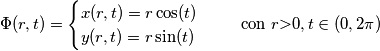 \Phi(r,t)=\begin{cases}x(r,t)=r\cos(t)\\y(r,t)= r\sin(t)\end{cases}\quad\mbox{ con }r\textgreater 0, t\in (0, 2\pi)