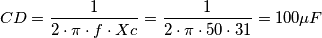 CD = \frac {1}{2 \cdot \pi \cdot f \cdot Xc} = \frac {1}{2 \cdot \pi \cdot 50 \cdot 31} = 100 \mu F CD = \frac {1}{2 \cdot \pi \cdot f \cdot Xc} = \frac {1}{2 \cdot \pi \cdot 50 \cdot 31} = 100 \mu F