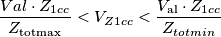 \frac{Val\cdot Z_{1cc}}{Z_{\text{totmax}}}< V_{Z1cc}< \frac{V_{\text{al}}\cdot Z_{1cc}}{Z_{totmin}}