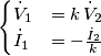 \begin{cases}
\dot{V}_{1} & =k\,\dot{V}_{2}\\
\dot{I}_{1} & =-\frac{\dot{I}_{2}}{k}\end{cases}