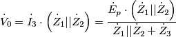 {{\dot V}_0} = {{\dot I}_3} \cdot \left( {{{\dot Z}_1}||{{\dot Z}_2}} \right) = \frac{{{{\dot E}_p} \cdot \left( {{{\dot Z}_1}||{{\dot Z}_2}} \right)}}{{{{\dot Z}_1}||{{\dot Z}_2} + {{\dot Z}_3}}} {{\dot V}_0} = {{\dot I}_3} \cdot \left( {{{\dot Z}_1}||{{\dot Z}_2}} \right) = \frac{{{{\dot E}_p} \cdot \left( {{{\dot Z}_1}||{{\dot Z}_2}} \right)}}{{{{\dot Z}_1}||{{\dot Z}_2} + {{\dot Z}_3}}}