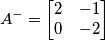 A^{-} = \begin{bmatrix}
2 & -1\\
0 & -2
\end{bmatrix} A^{-} = \begin{bmatrix}
2 & -1\\
0 & -2
\end{bmatrix}