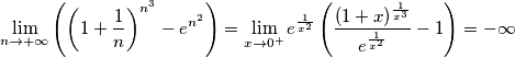 \lim_{n\rightarrow+\infty}\left(\left(1+\frac{1}{n}\right)^{n^3}-e^{n^2}\right)=\lim_{x\rightarrow 0^+}e^{\frac{1}{x^2}}\left(\frac{(1+x)^\frac{1}{x^3}}{e^{\frac{1}{x^2}}}-1\right)=-\infty