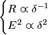\begin{cases}
R\varpropto \delta^{-1}\\
E^{2}\varpropto\delta^{2}
\end{cases} \begin{cases}
R\varpropto \delta^{-1}\\
E^{2}\varpropto\delta^{2}
\end{cases}