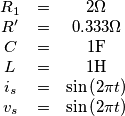 \begin{array}{ccc}
R_{1} & = & 2\Omega\\
R^\prime & = & 0.333\Omega\\
C & = & 1\textrm{F}\\
L & = & 1\textrm{H}\\
i_{s} & = & \sin\left(2\pi t\right)\\
v_{s} & = & \sin\left(2\pi t\right)
\end{array} \begin{array}{ccc}
R_{1} & = & 2\Omega\\
R^\prime & = & 0.333\Omega\\
C & = & 1\textrm{F}\\
L & = & 1\textrm{H}\\
i_{s} & = & \sin\left(2\pi t\right)\\
v_{s} & = & \sin\left(2\pi t\right)
\end{array}