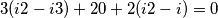 3(i2 - i3) + 20 + 2(i2 - i) = 0 3(i2 - i3) + 20 + 2(i2 - i) = 0