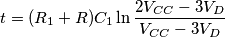 t=(R_1+R)C_1 \ln{\frac{2V_{CC}-3V_D}{V_{CC}-3V_D}} t=(R_1+R)C_1 \ln{\frac{2V_{CC}-3V_D}{V_{CC}-3V_D}}