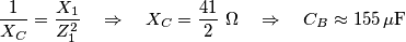 \frac{1}{X_{C}}=\frac{X_{1}}{Z_{1}^{2}}\quad \Rightarrow \quad X_{C}=\frac{41}{2}\,\,\Omega \quad \Rightarrow \quad C_{B}\approx 155\,\text{ }\!\!\mu\!\!\text{ F} \frac{1}{X_{C}}=\frac{X_{1}}{Z_{1}^{2}}\quad \Rightarrow \quad X_{C}=\frac{41}{2}\,\,\Omega \quad \Rightarrow \quad C_{B}\approx 155\,\text{ }\!\!\mu\!\!\text{ F}