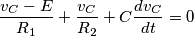 \frac{v_C - E}{R_1} + \frac{v_C }{R_2} +C \frac{d v_C }{dt} = 0 \frac{v_C - E}{R_1} + \frac{v_C }{R_2} +C \frac{d v_C }{dt} = 0
