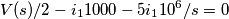 V(s)/2 - i_{1}1000 - 5i_{1}10^6/s = 0