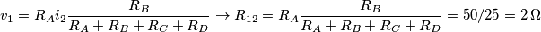 v_1=R_A i_2 \frac{R_B}{R_A+R_B+R_C+R_D} \to 
 R_{12}=R_A \frac{R_B}{R_A+R_B+R_C+R_D}=50/25=2\,\Omega