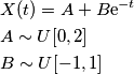\begin{aligned}
& X(t) = A + B\text e^{-t}\\
& A \sim U[0,2]\\
& B \sim U[-1,1]\\
\end{aligned}