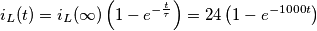 i_{L}(t)=i_{L}(\infty )\left( 1-e^{-\frac{t}{\tau }} \right)=24\left( 1-e^{-1000t} \right) i_{L}(t)=i_{L}(\infty )\left( 1-e^{-\frac{t}{\tau }} \right)=24\left( 1-e^{-1000t} \right)