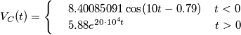 \[V_{C}(t)=\begin{cases} & \ 8.40085091\cos (10t-0.79)\;\;\;\;t<0 \\ & \ 5.88e^{20\cdot 10^{4}t}\;\;\;\;\;\;\;\;\;\;\;\;\;\;\;\;\;\;\;\;\;\;\;\;\;\;\;\;t>0 \end{cases}\]