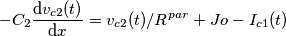 \[-C_{2}\frac{\mathrm{d} v_{c2}(t)}{\mathrm{d} x}= v_{c2}(t)/R^{par}+Jo-I_{c1}(t)\]
