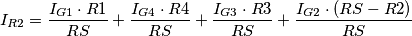 I_{R2} = \frac{ I_{G1} \cdot R1}{RS} + \frac{ I_{G4} \cdot R4}{RS} + \frac{ I_{G3} \cdot R3}{RS} + \frac{ I_{G2} \cdot (RS-R2)}{RS} I_{R2} = \frac{ I_{G1} \cdot R1}{RS} + \frac{ I_{G4} \cdot R4}{RS} + \frac{ I_{G3} \cdot R3}{RS} + \frac{ I_{G2} \cdot (RS-R2)}{RS}