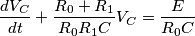 \frac{dV_C}{dt}+\frac{R_0+R_1}{R_0R_1C}V_C=\frac{E}{R_0C} \frac{dV_C}{dt}+\frac{R_0+R_1}{R_0R_1C}V_C=\frac{E}{R_0C}