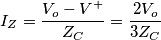 I_Z=\frac{V_o-V^+}{Z_C}=\frac{2V_o}{3Z_C} I_Z=\frac{V_o-V^+}{Z_C}=\frac{2V_o}{3Z_C}