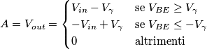A=V_{out}=
\begin{cases}
V_{in} - V_\gamma & \text{se} \; V_{BE} \geq V_\gamma \\
-V_{in} + V_\gamma & \text{se} \; V_{BE} \leq -V_\gamma \\
0 & \text{altrimenti} \\
\end{cases}