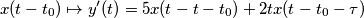 x(t-t_0)\mapsto y^\prime(t)=5x(t-t-t_0)+2tx(t-t_0-\tau) x(t-t_0)\mapsto y^\prime(t)=5x(t-t-t_0)+2tx(t-t_0-\tau)