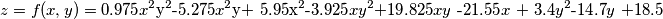 z=f(x,y)=0.\text{975}x^{2}\text{y}^{2}\text{-5}.\text{275}x^{2}\text{y+ 5}.\text{95x}^{2}\text{-3}.\text{925}xy^{2}\text{+19}.\text{825}xy\text{ -21}.\text{55}x\text{ + 3}.\text{4}y^{2}\text{-14}.\text{7}y\text{ +18}.\text{5} z=f(x,y)=0.\text{975}x^{2}\text{y}^{2}\text{-5}.\text{275}x^{2}\text{y+ 5}.\text{95x}^{2}\text{-3}.\text{925}xy^{2}\text{+19}.\text{825}xy\text{ -21}.\text{55}x\text{ + 3}.\text{4}y^{2}\text{-14}.\text{7}y\text{ +18}.\text{5}