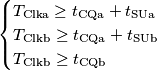 \begin{cases}
T_\text{Clka}\geq t_\text{CQa}+t_\text{SUa} \\
T_\text{Clkb}\geq t_\text{CQa}+t_\text{SUb} \\
T_\text{Clkb}\geq t_\text{CQb}
\end{cases} \begin{cases}
T_\text{Clka}\geq t_\text{CQa}+t_\text{SUa} \\
T_\text{Clkb}\geq t_\text{CQa}+t_\text{SUb} \\
T_\text{Clkb}\geq t_\text{CQb}
\end{cases}