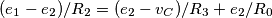 (e_1-e_2)/R_2=(e_2-v_C)/R_3+e_2/R_0 (e_1-e_2)/R_2=(e_2-v_C)/R_3+e_2/R_0