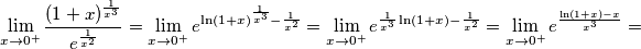 \lim_{x\rightarrow 0^+}\frac{(1+x)^\frac{1}{x^3}}{e^{\frac{1}{x^2}}}=
\lim_{x\rightarrow 0^+}e^{\ln(1+x)^\frac{1}{x^3}-\frac{1}{x^2}}=
\lim_{x\rightarrow 0^+}e^{\frac{1}{x^3}\ln(1+x)-\frac{1}{x^2}}=
\lim_{x\rightarrow 0^+}e^{\frac{\ln(1+x)-x}{x^3}}=