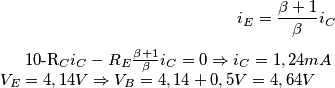 i_E=\frac{\beta +1}{\beta }i_C

\\ 10-R_Ci_C-R_E\frac{\beta +1}{\beta }i_C=0 \Rightarrow i_C=1,24 mA
\\ V_E=4,14 V\Rightarrow V_B=4,14+0,5 V= 4,64 V