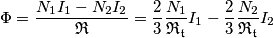 \Phi = \frac{N_1 I_1 -N_2 I_2}{\mathfrak{R} } =  \frac23 \frac{N_1 }{\mathfrak{R_t}} I_1- \frac23 \frac{N_2}{\mathfrak{R_t}} I_2