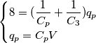 \displaystyle \begin{cases} 8=( \displaystyle \frac {1}{C_p} + \frac {1}{C_3} ) q_p\\
q_p = C_p V\\
\end{cases}