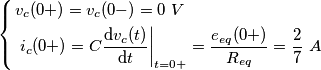 \left\{ \begin{align}
  & v_{c}(0+)=v_{c}(0-)=0\,\,V \\ 
 & \left. i_{c}(0+)=C\frac{\text{d}v_{c}(t)}{\text{d}t} \right|_{t=0+}=\frac{e_{eq}(0+)}{R_{eq}}=\frac{2}{7}\,\,A \\ 
\end{align} \right.