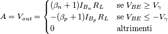 A=V_{out}=
\begin{cases}
(\beta_n +1)I_{B_n}R_L & \text{se} \; V_{BE} \geq V_\gamma \\
- (\beta_p +1)I_{B_p}R_L & \text{se} \; V_{BE} \leq -V_\gamma \\
0 & \text{altrimenti} \\
\end{cases}